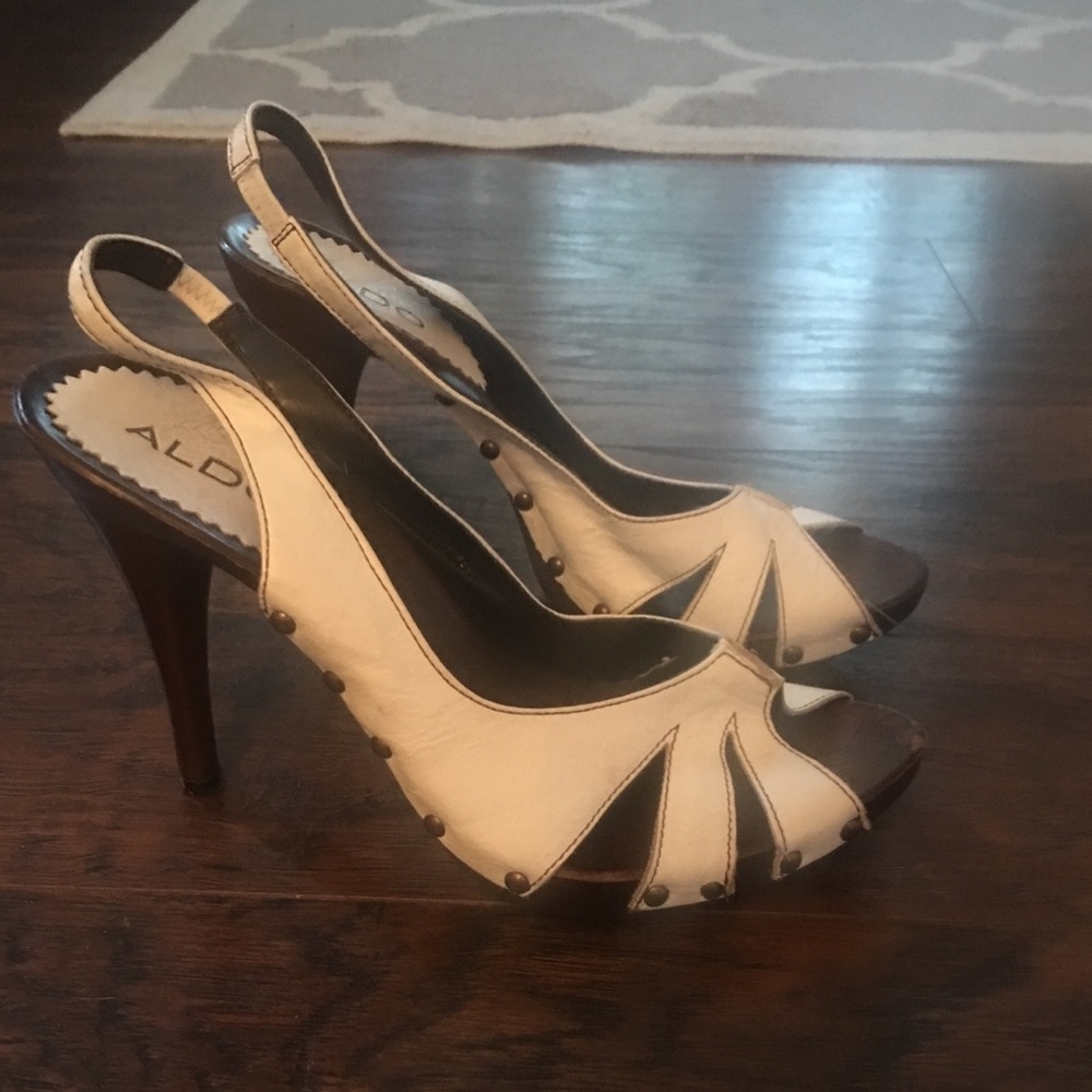 Aldo heels, size 8.  Wood base and white leather